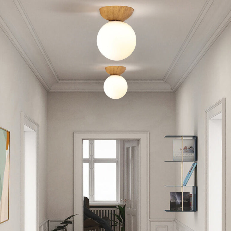 Single Globe Ceiling Light with Wooden Detail and Metal Mount