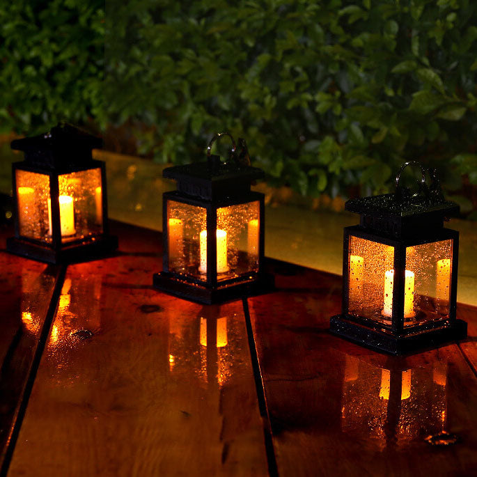 Solar Hanging Lantern with LED Candle and Glass Panels
