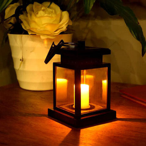 Solar Hanging Lantern with LED Candle and Glass Panels