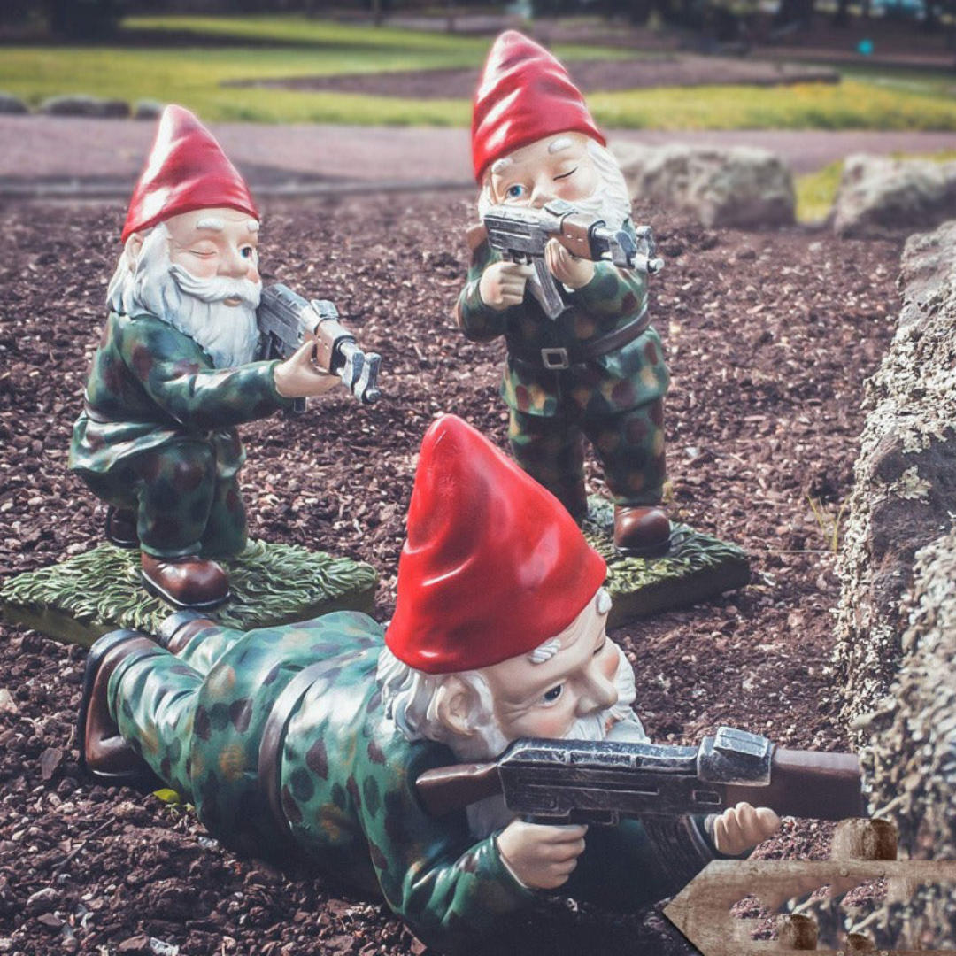 Garden Gnome Statue with Military Outfit and Toy Gun