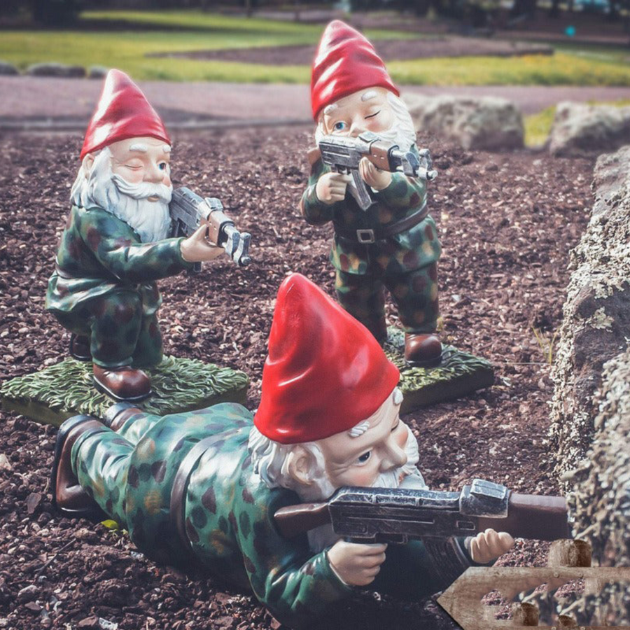 Garden Gnome Statue with Military Outfit and Toy Gun