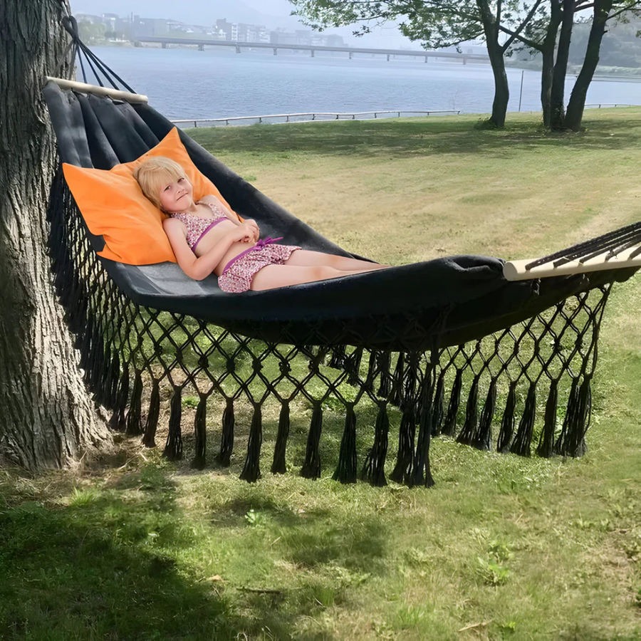 Cotton Hammock with Fringe Tassels and Wooden Spreader Bar