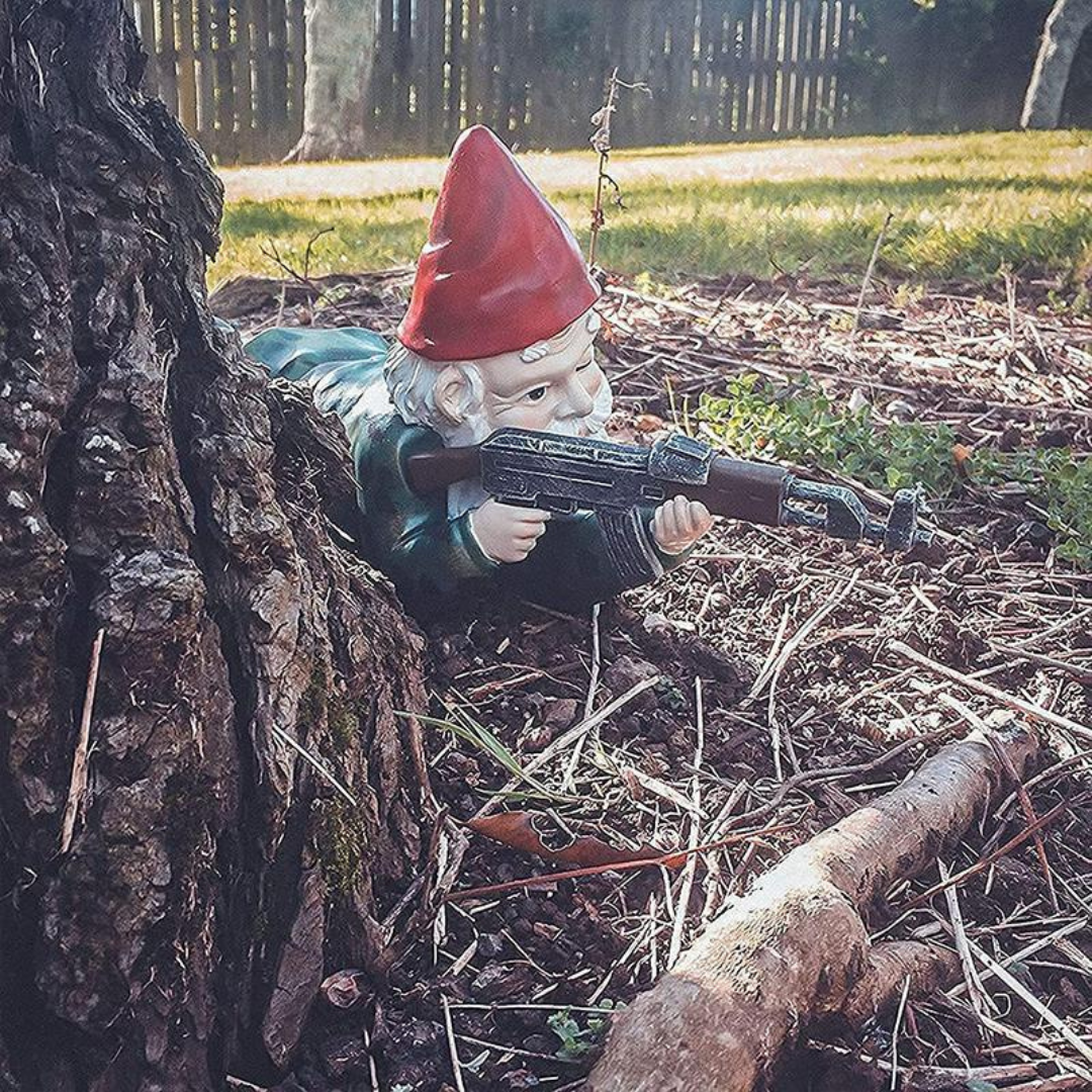 Garden Gnome Statue with Military Outfit and Toy Gun