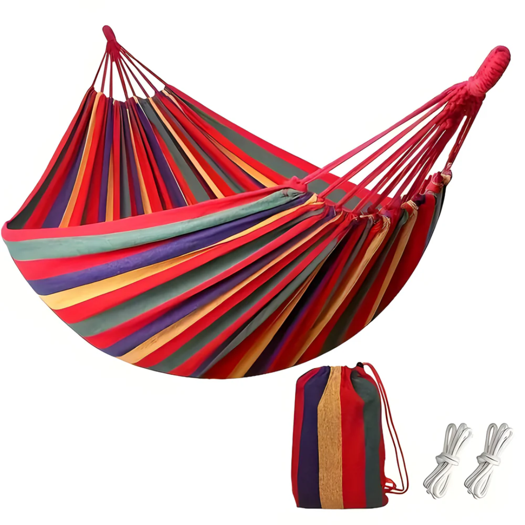Outdoor Fabric Hammock with Striped Pattern and Rope Loops
