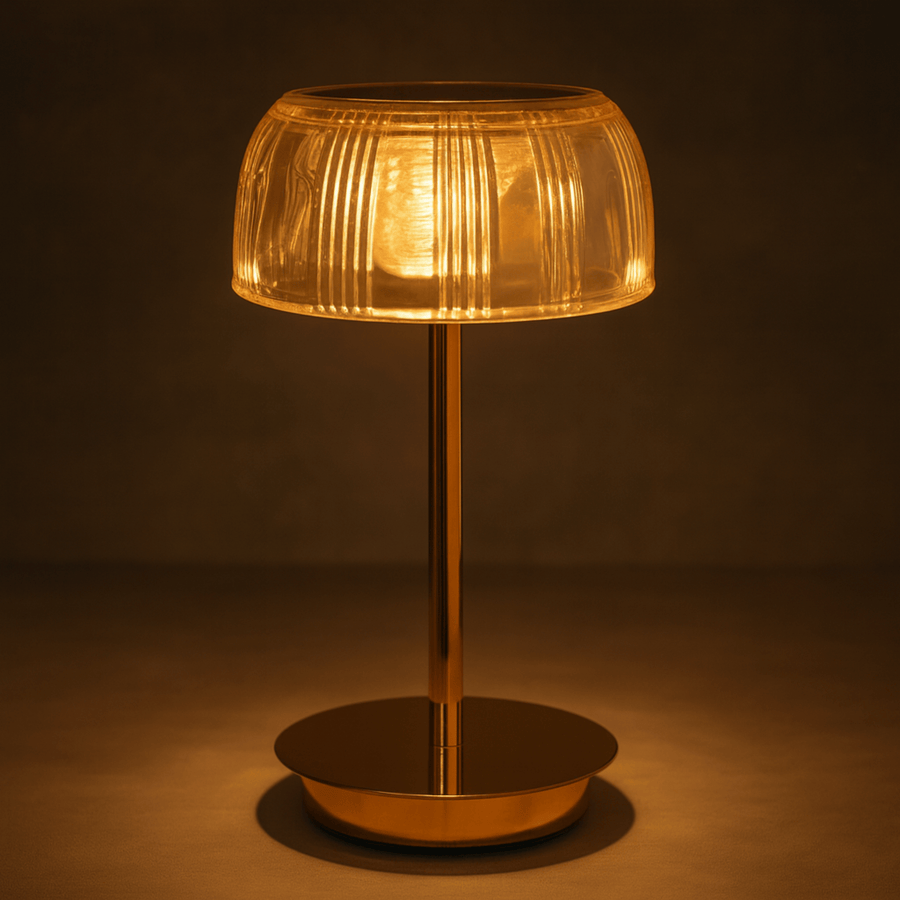 Rechargeable LED Glass Table Lamp with Ribbed Shade and Metal Base