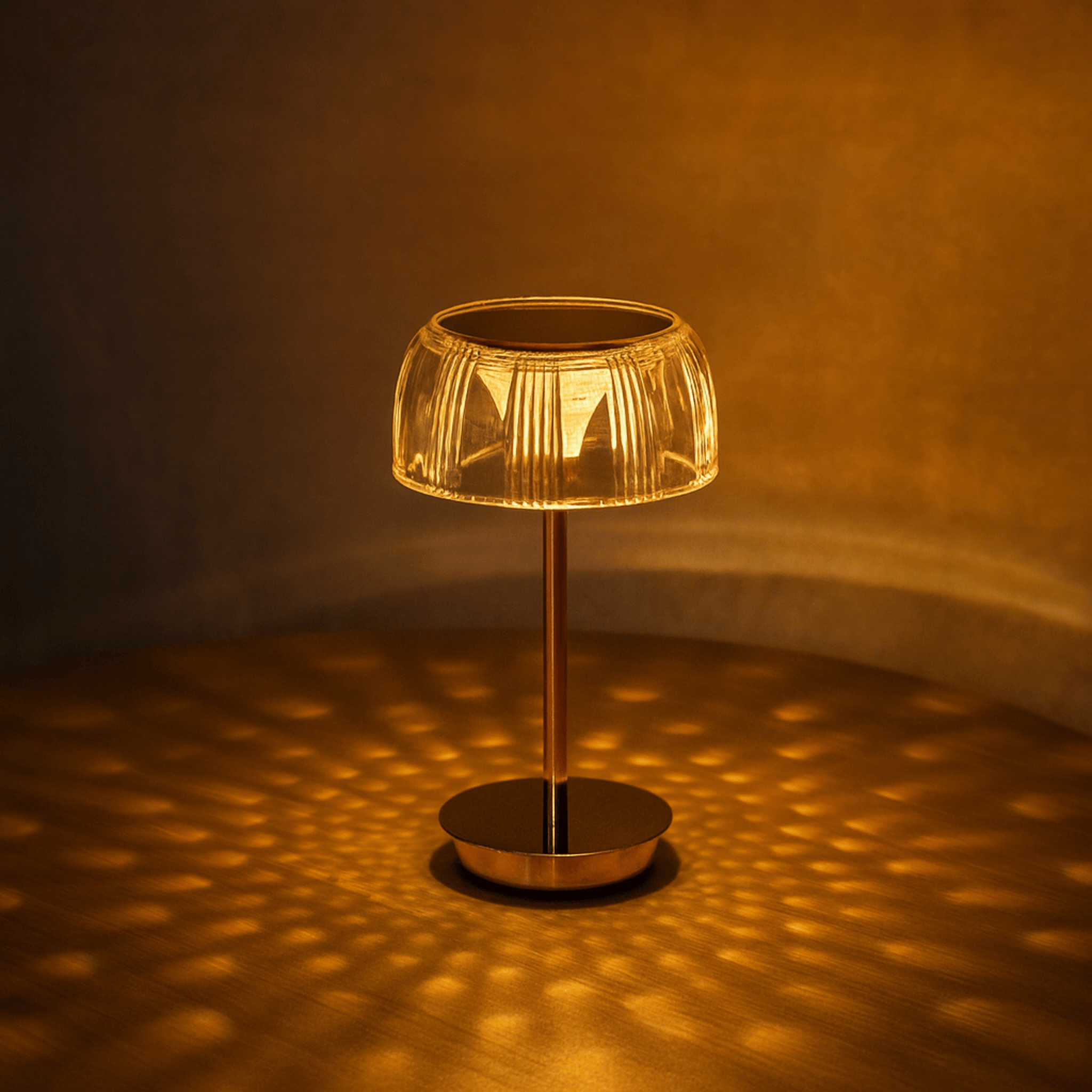 Rechargeable LED Glass Table Lamp with Ribbed Shade and Metal Base