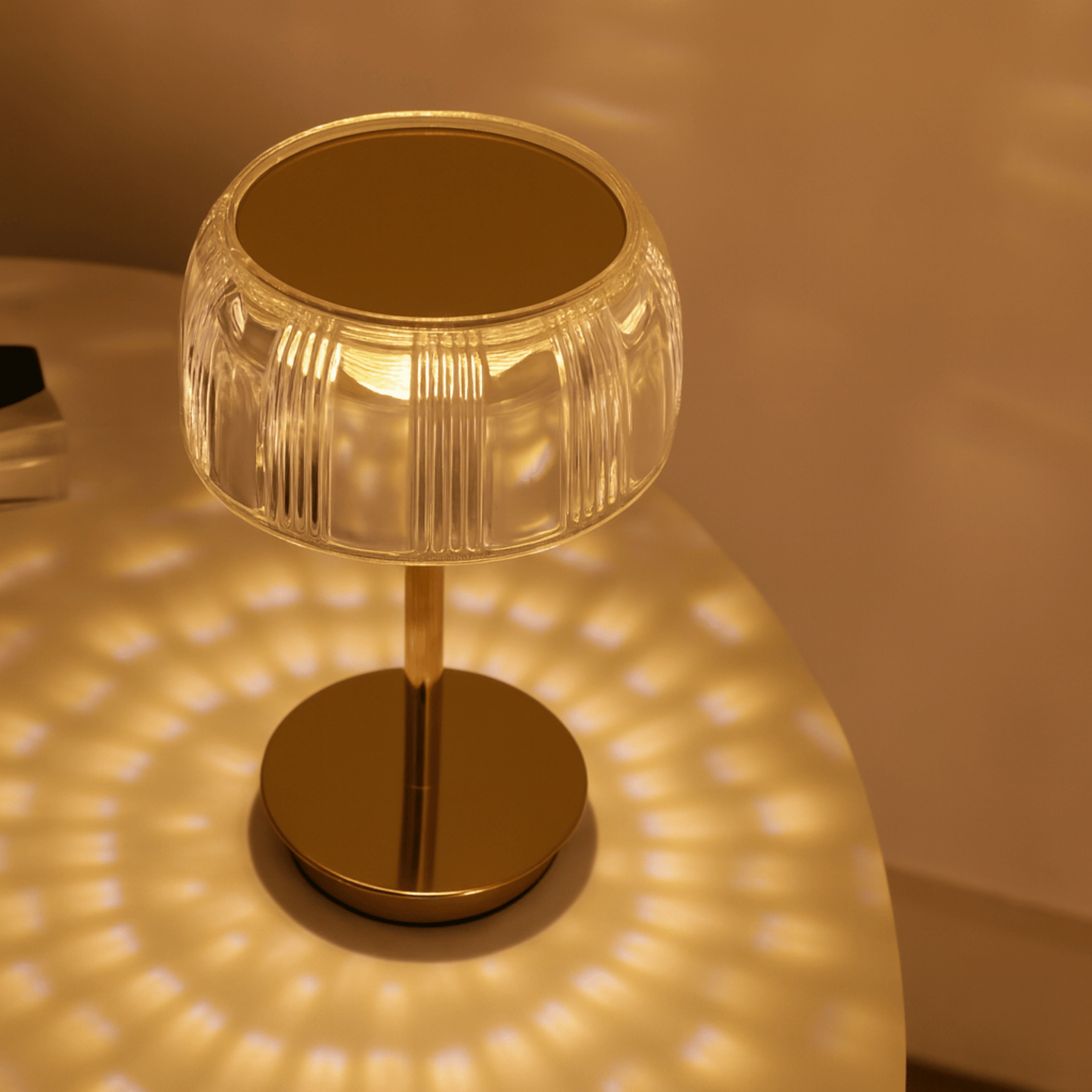 Rechargeable LED Glass Table Lamp with Ribbed Shade and Metal Base