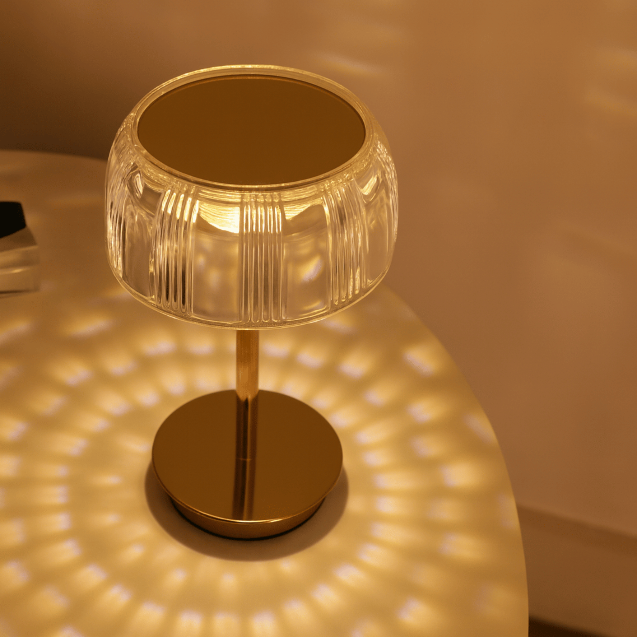 Rechargeable LED Glass Table Lamp with Ribbed Shade and Metal Base
