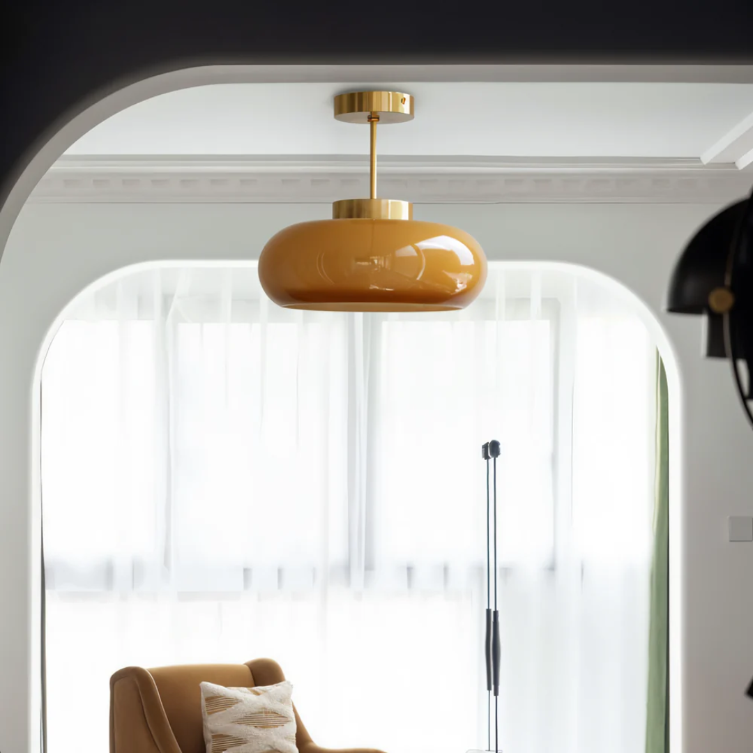 Glass Ceiling Light with Rounded Shade and Metal Stem