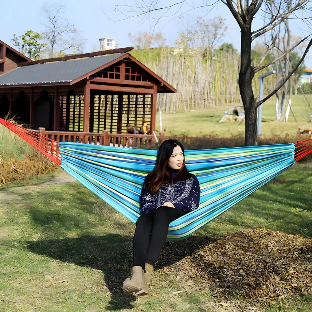 Outdoor Fabric Hammock with Striped Pattern and Rope Loops