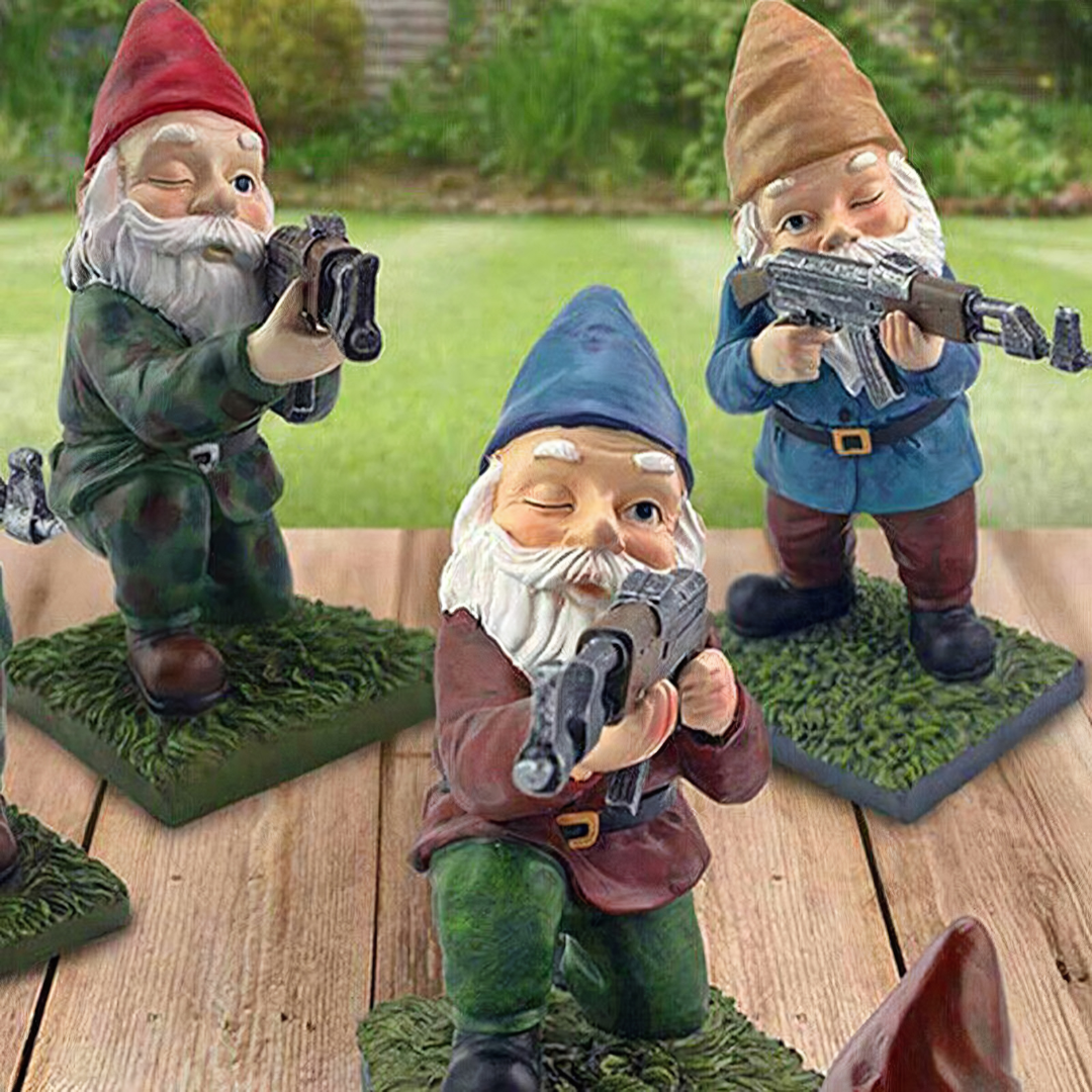 Garden Gnome Statue with Military Outfit and Toy Gun
