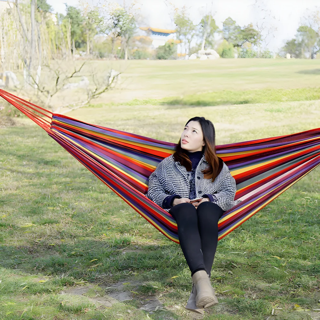 Outdoor Fabric Hammock with Striped Pattern and Rope Loops