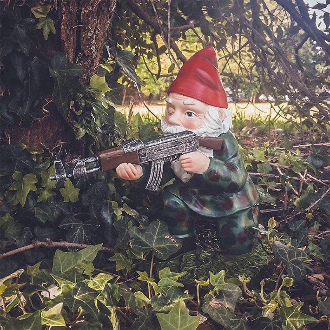 Garden Gnome Statue with Military Outfit and Toy Gun