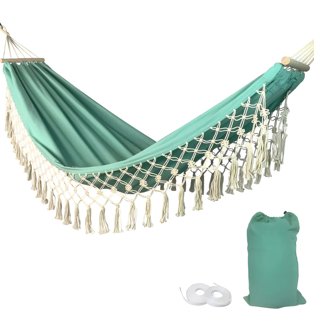 Cotton Hammock with Fringe Tassels and Wooden Spreader Bar
