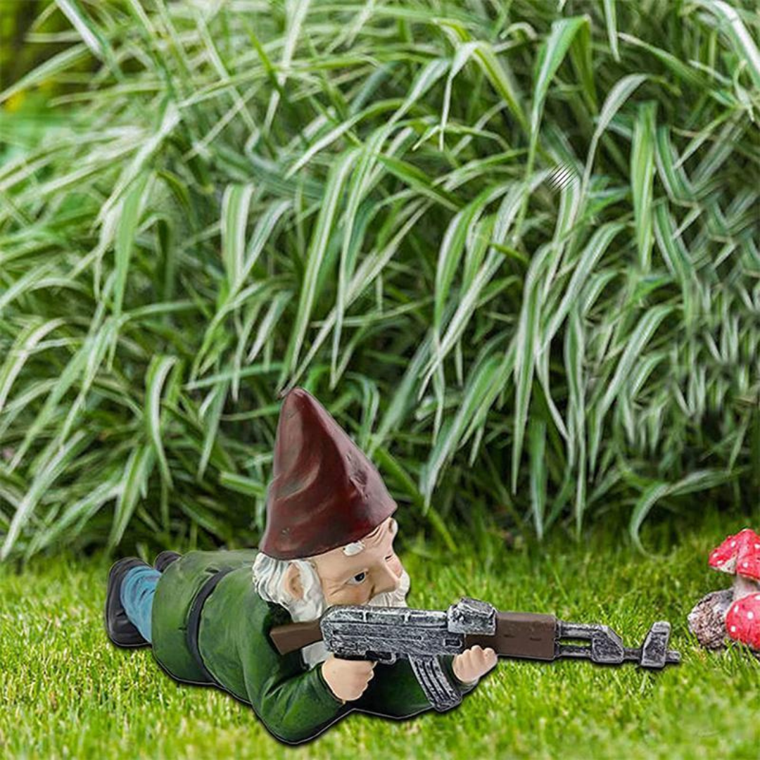 Garden Gnome Statue with Military Outfit and Toy Gun