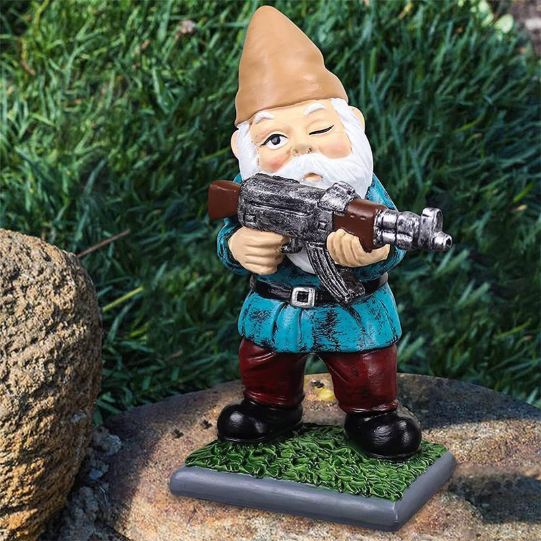 Garden Gnome Statue with Military Outfit and Toy Gun