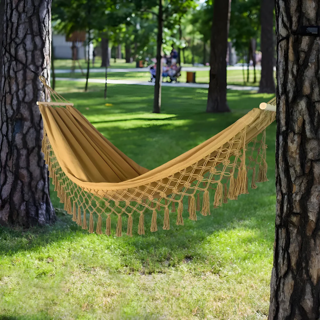 Cotton Hammock with Fringe Tassels and Wooden Spreader Bar
