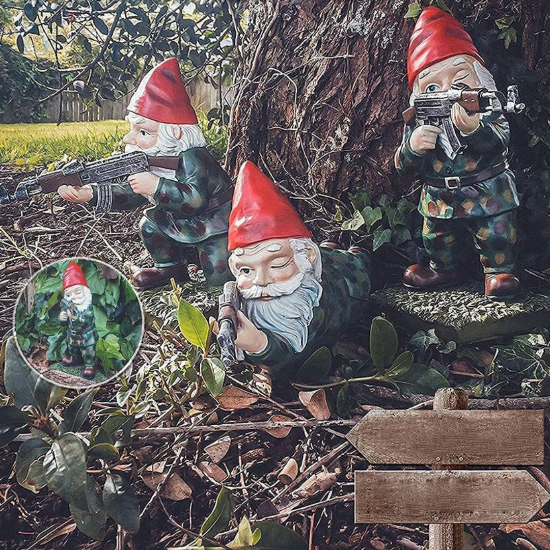 Garden Gnome Statue with Military Outfit and Toy Gun