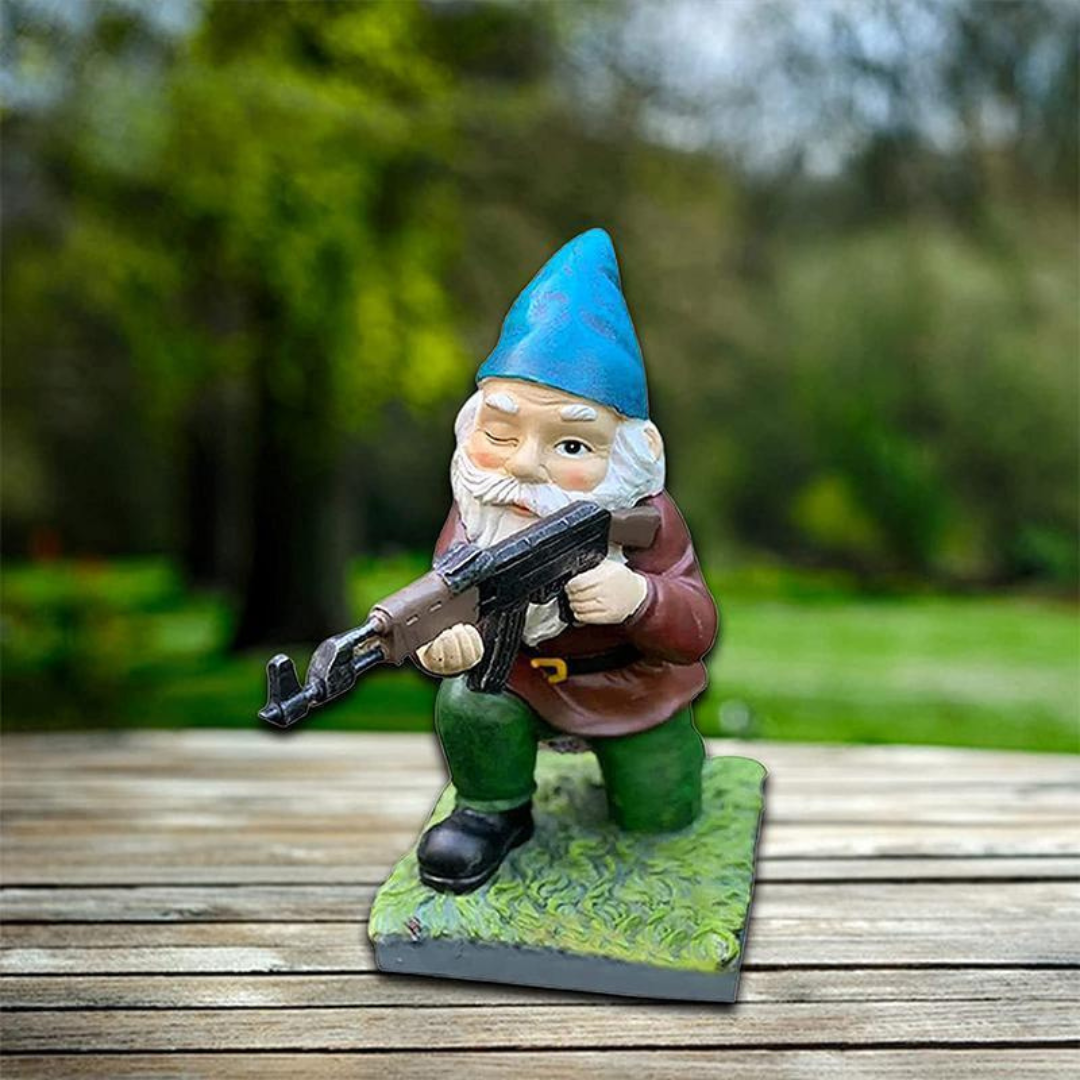 Garden Gnome Statue with Military Outfit and Toy Gun