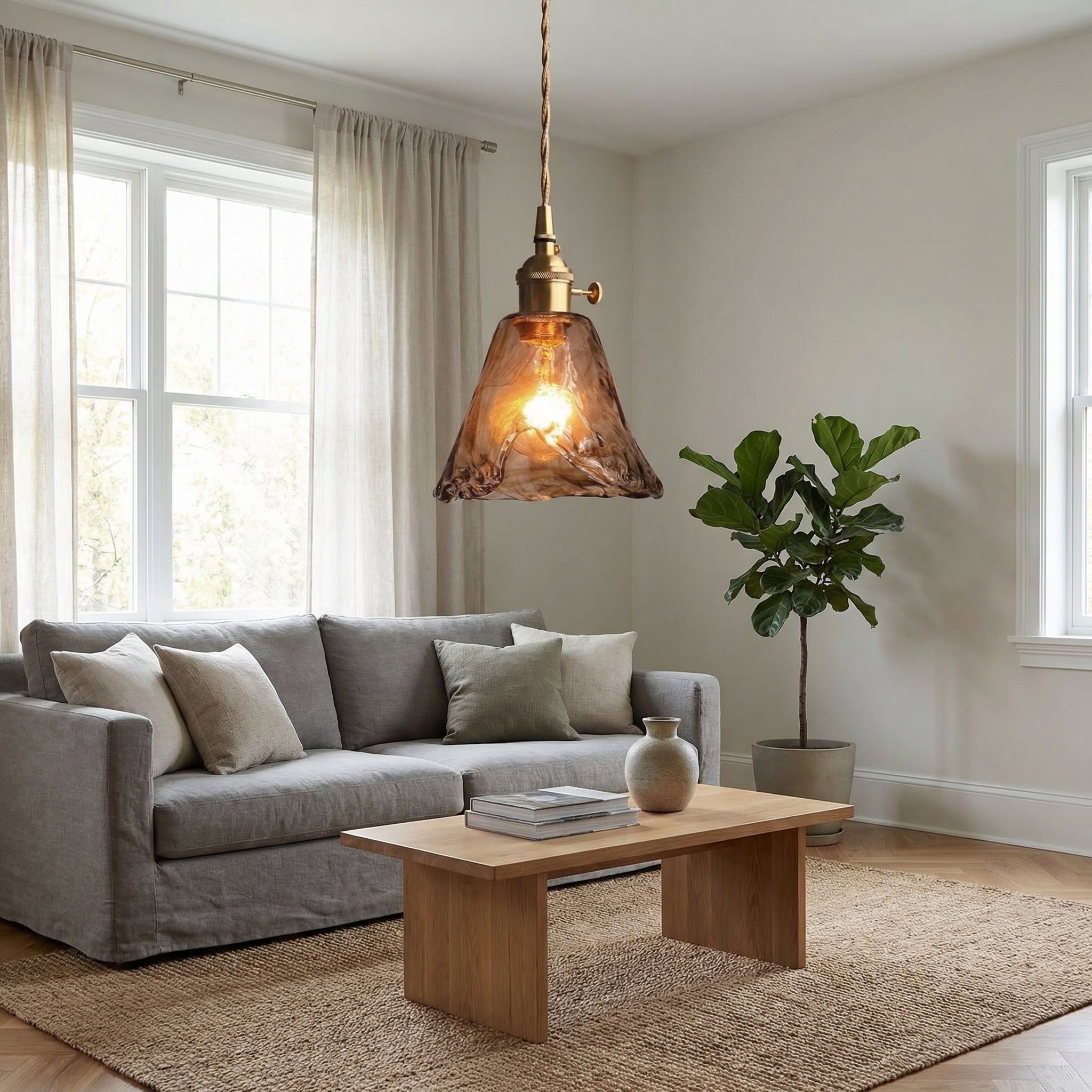 Vintage Amber Glass Bell Pendant Light