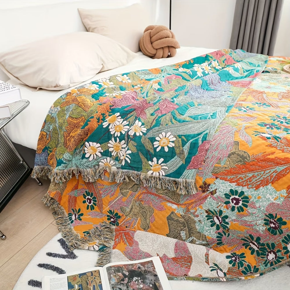 Bohemian Floral Patchwork Tassel Blanket