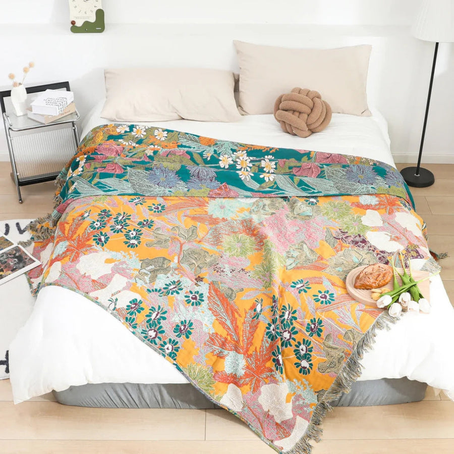 Bohemian Floral Patchwork Tassel Blanket