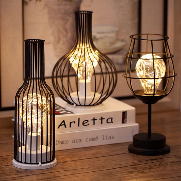 Wireless Table Lamps With Black Metal Cage Shades