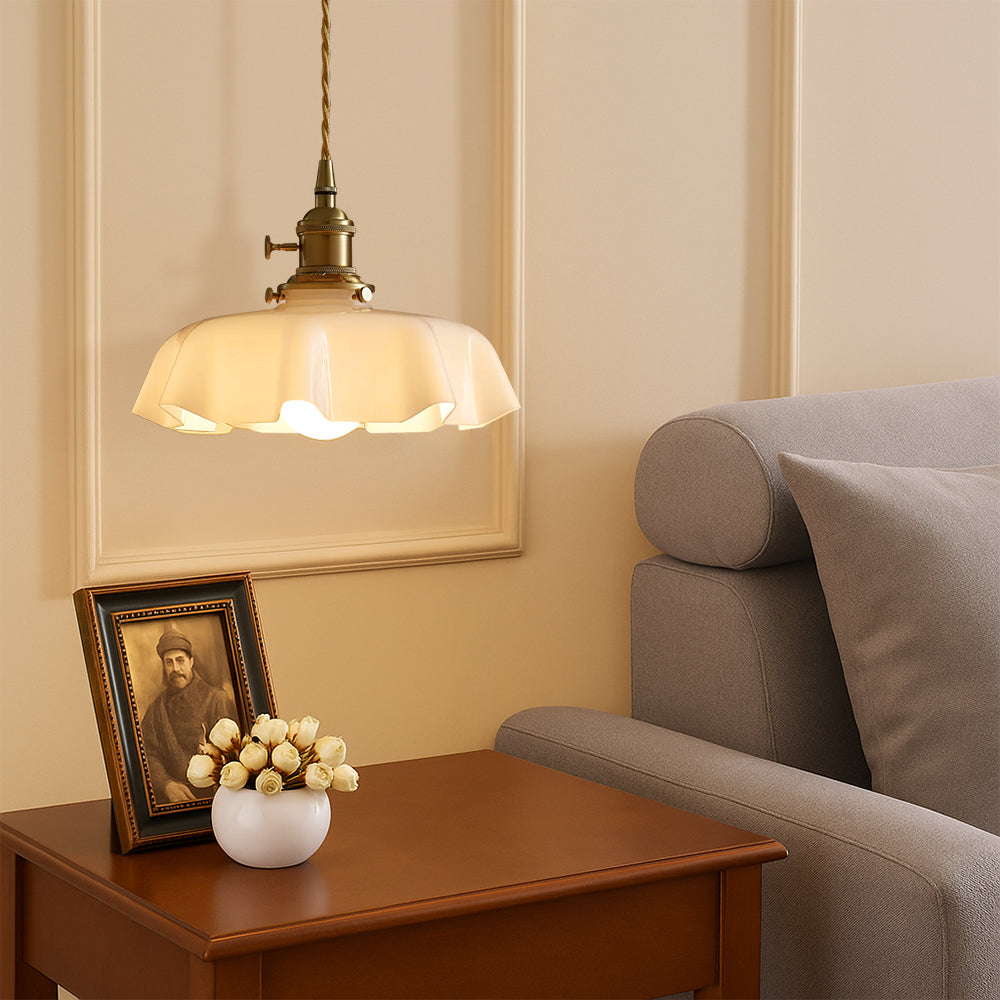 French style pendant light with scalloped cream glass shade