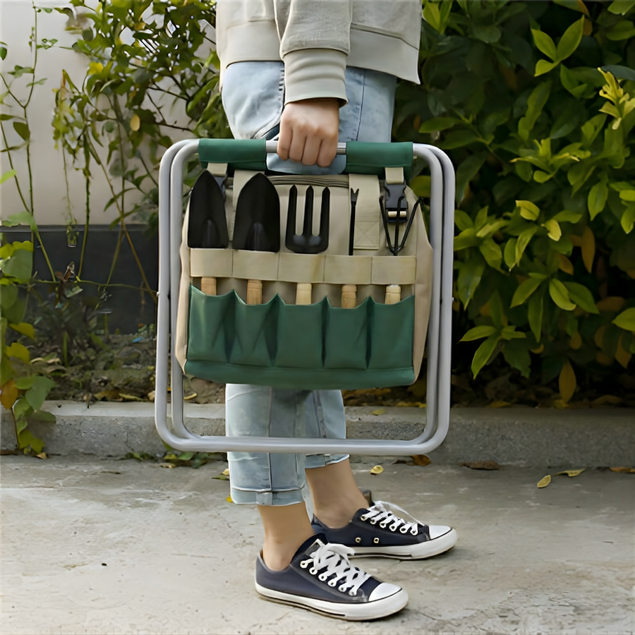 Garden Tool Set with Folding Stool and Carry Bag