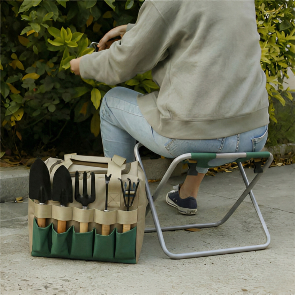 Garden Tool Set with Folding Stool and Carry Bag