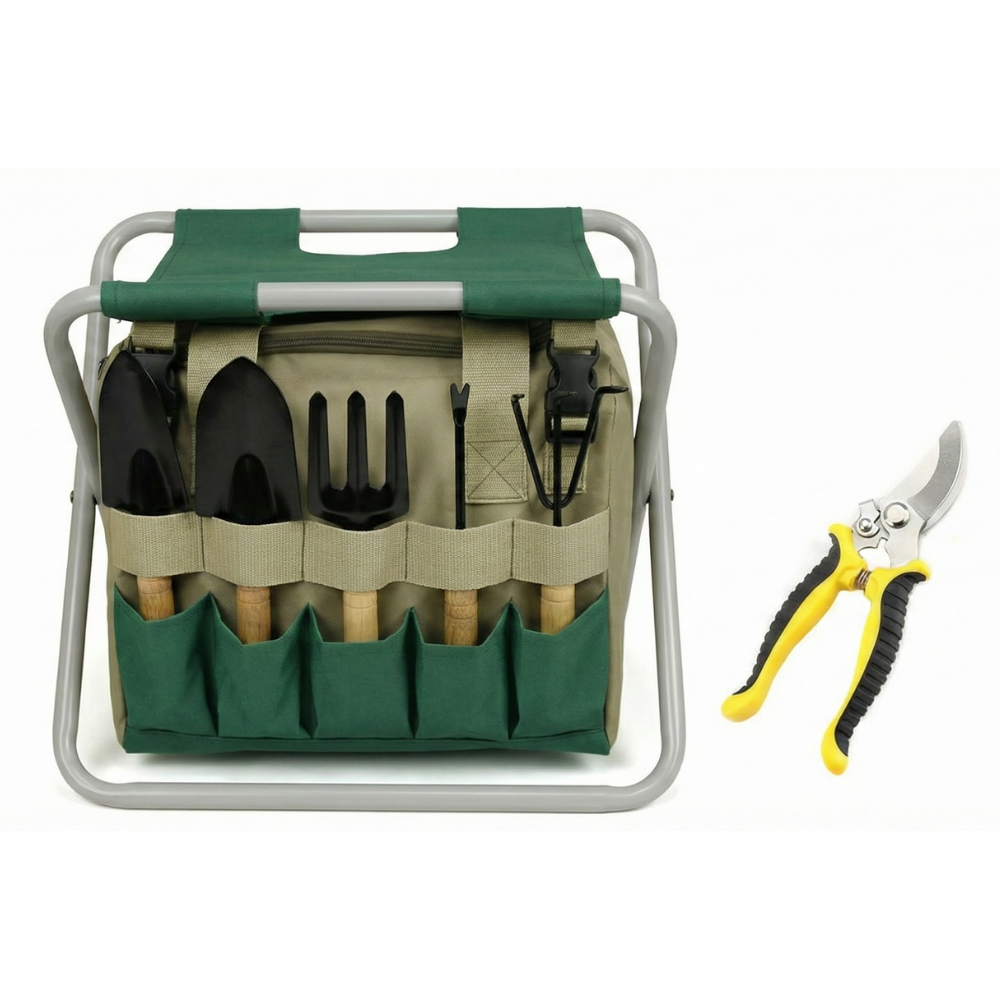 Garden Tool Set with Folding Stool and Carry Bag