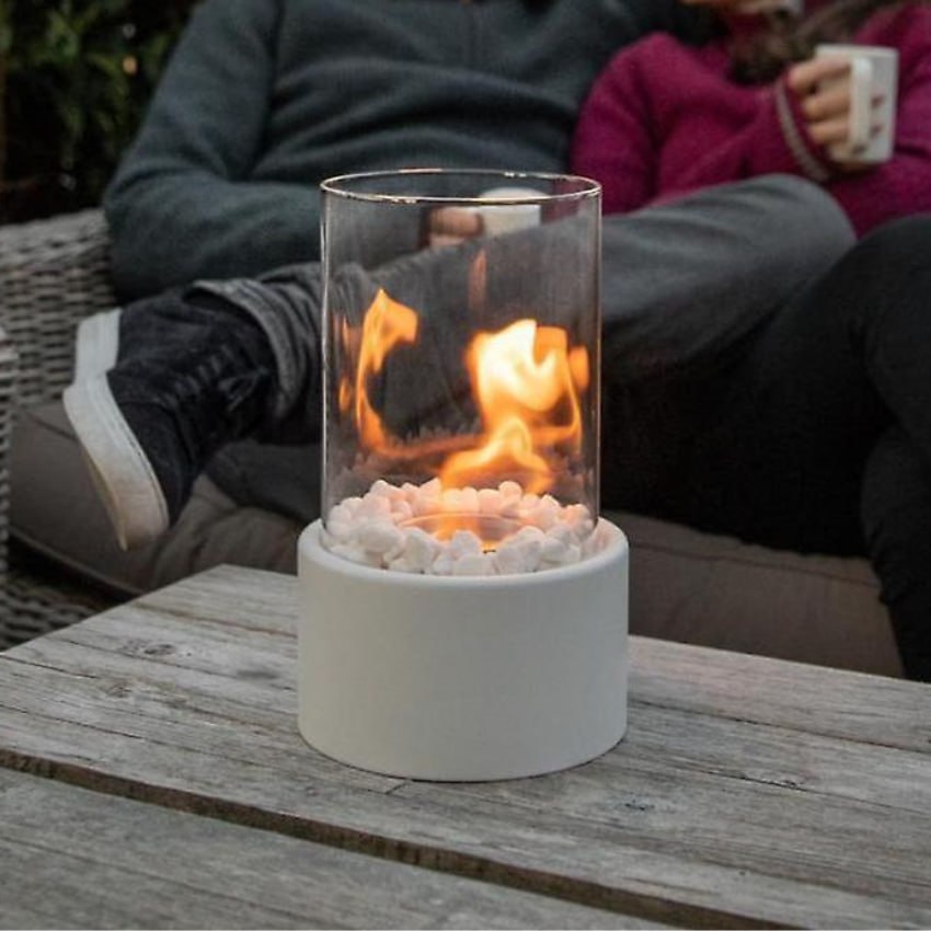 Tabletop Bio ethanol Fireplace with Glass Cylinder and Metal Base