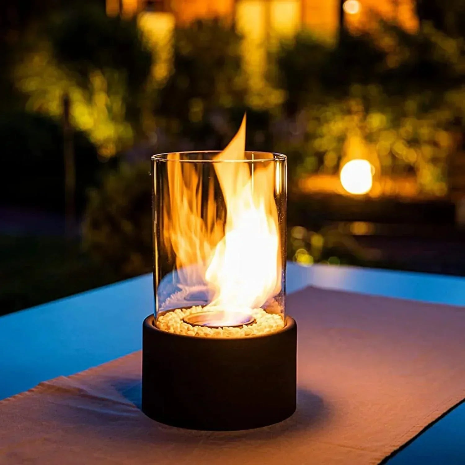Tabletop Bio ethanol Fireplace with Glass Cylinder and Metal Base