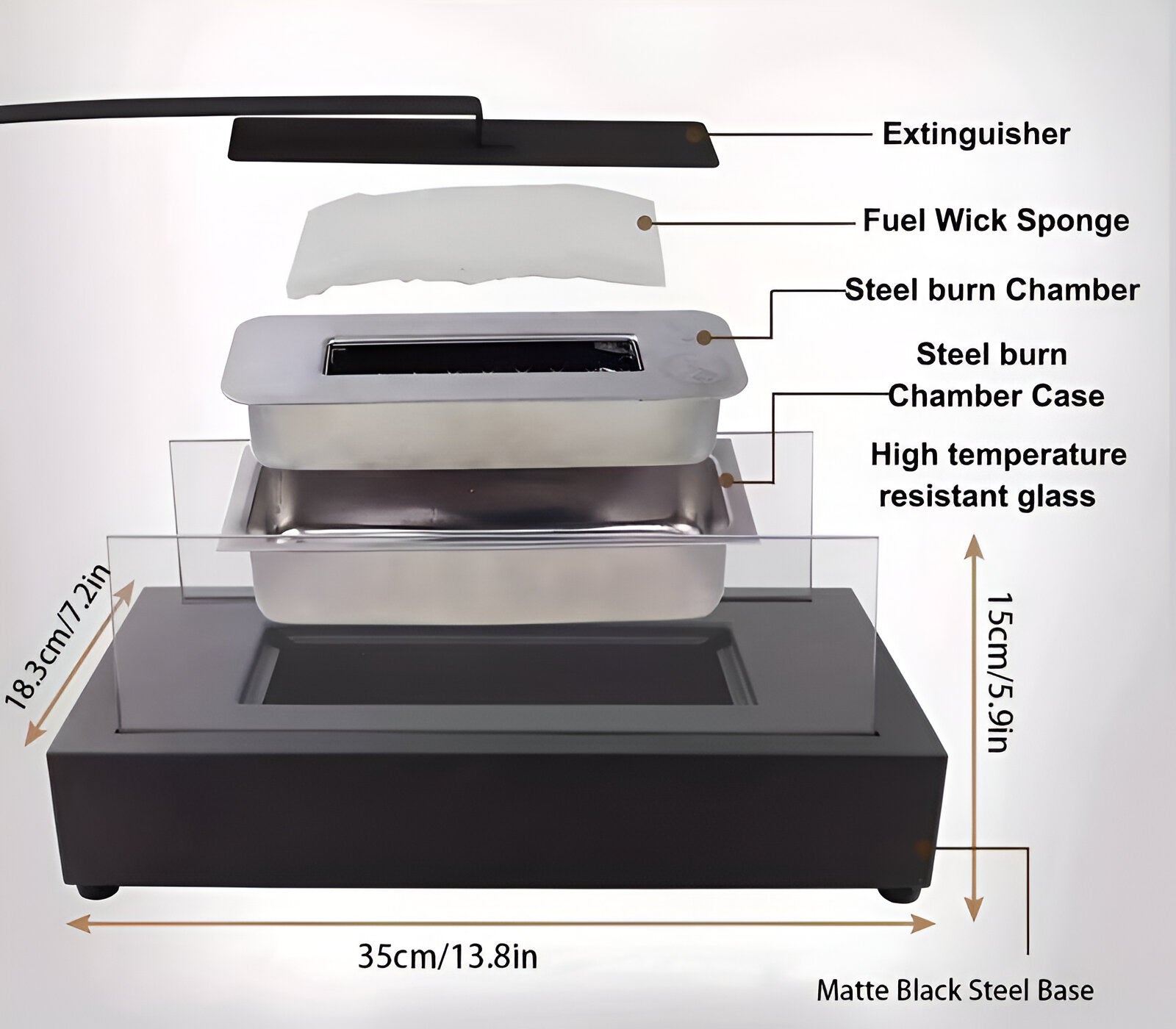 Rectangular Tabletop Bioethanol Fireplace with Glass Panels