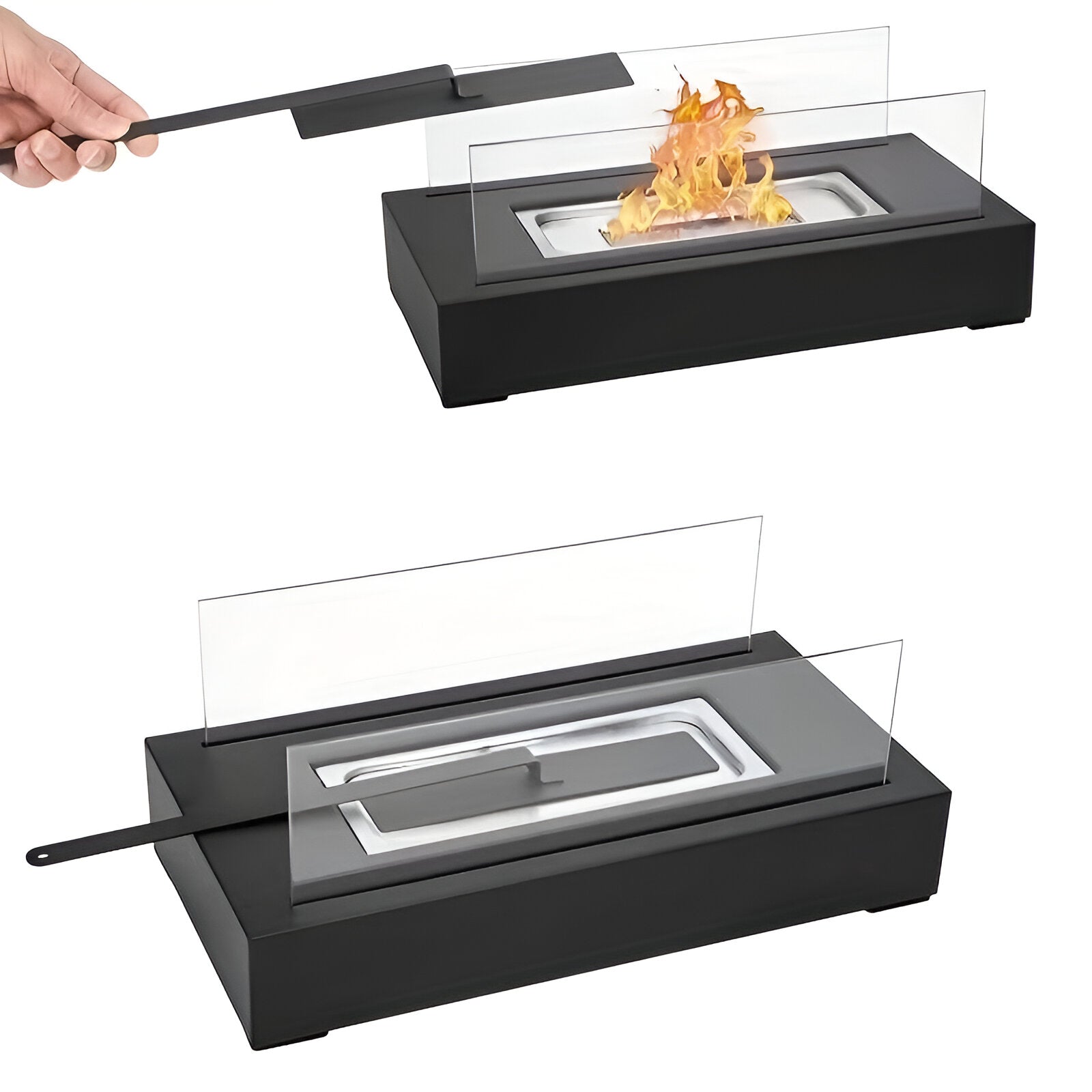 Rectangular Tabletop Bioethanol Fireplace with Glass Panels