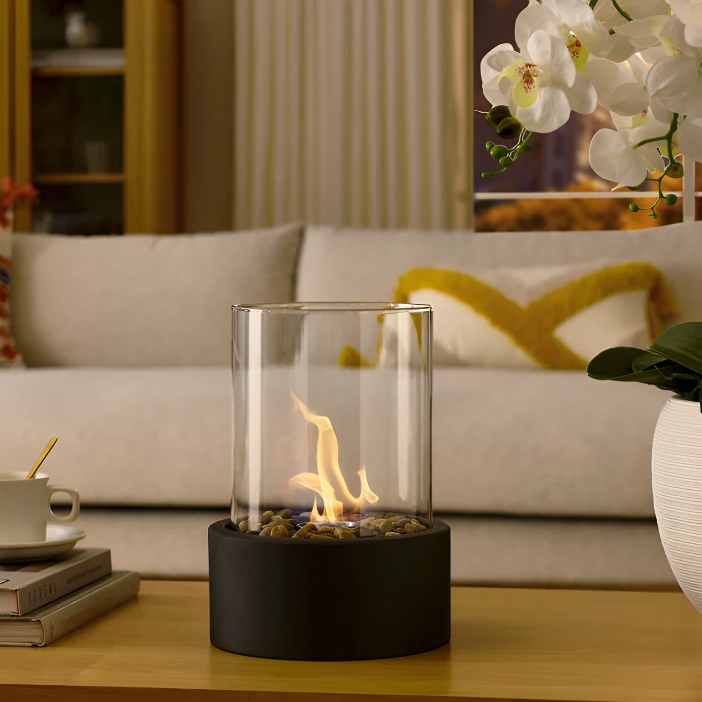 Outdoor Cylindrical Tabletop Bio Ethanol Fireplace with Glass Tube