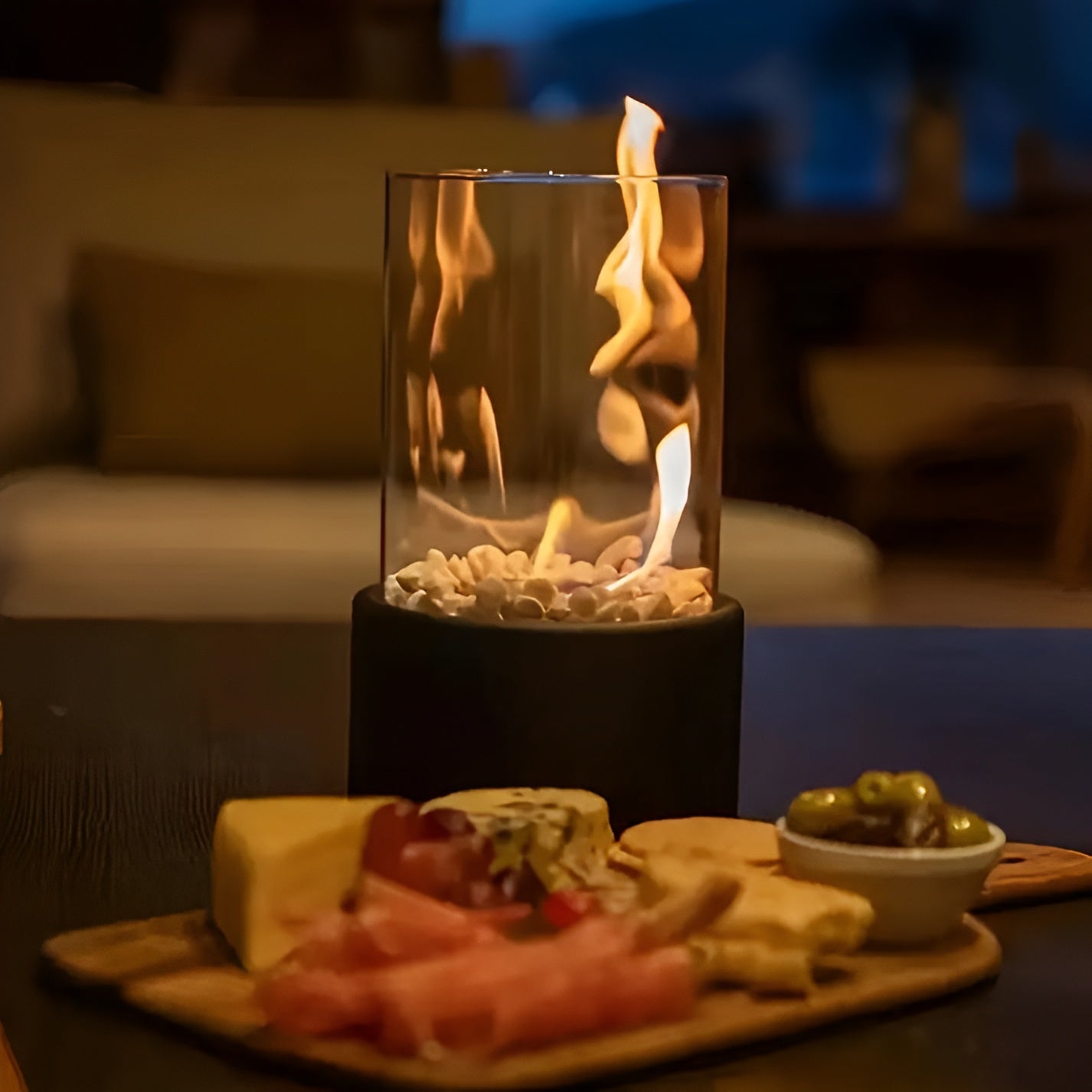 Outdoor Cylindrical Tabletop Bio Ethanol Fireplace with Glass Tube