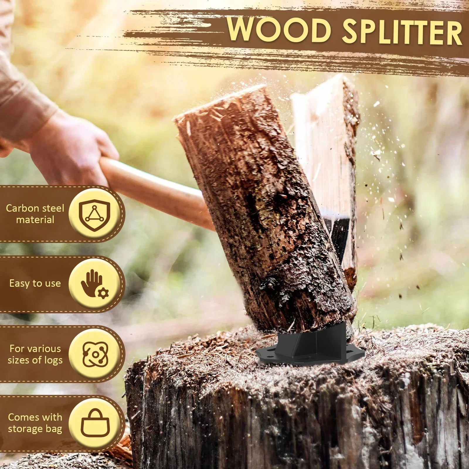 KindlePro | Carbon Steel Log Splitter | Portable Tool with Cloth Bag