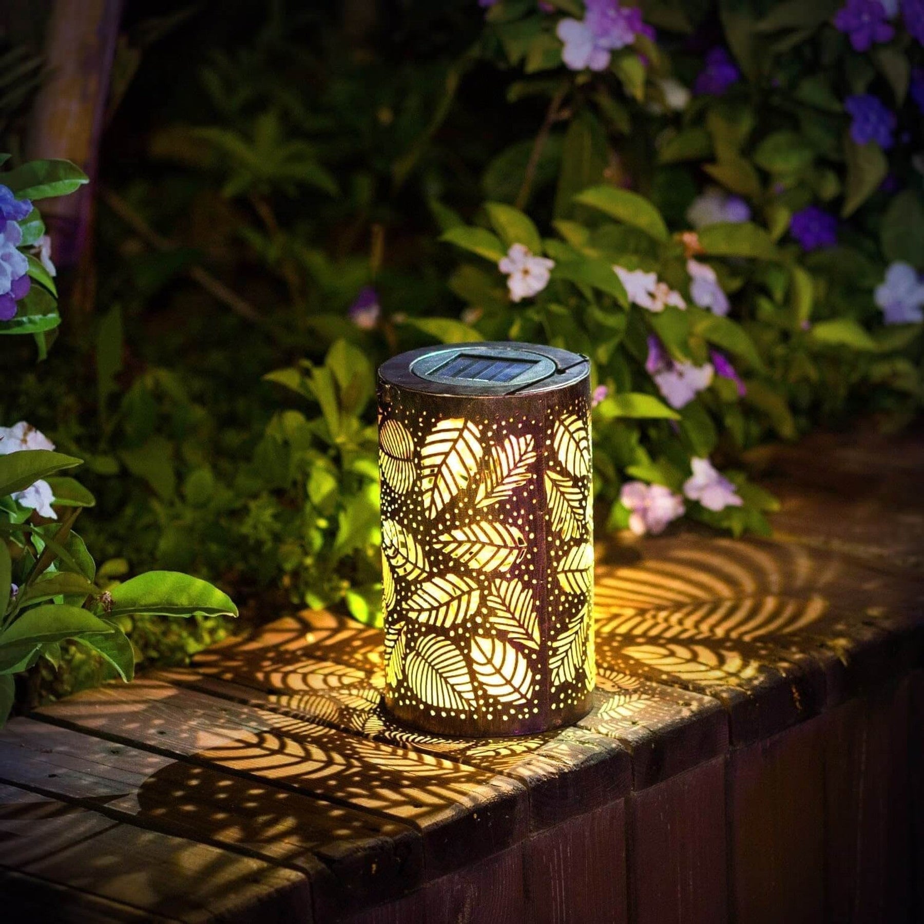 Cylindrical Solar Garden Lantern With Leaf Cutout