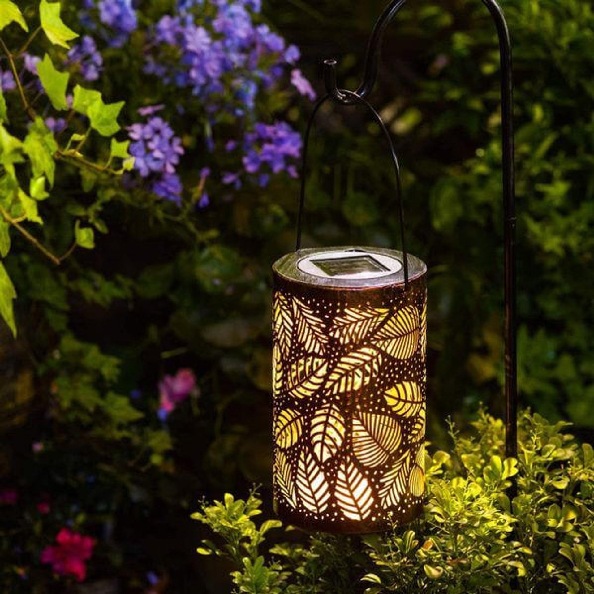 Cylindrical Solar Garden Lantern With Leaf Cutout