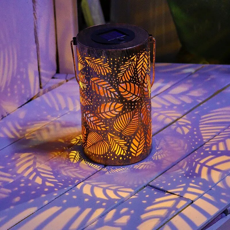 Cylindrical Solar Garden Lantern With Leaf Cutout
