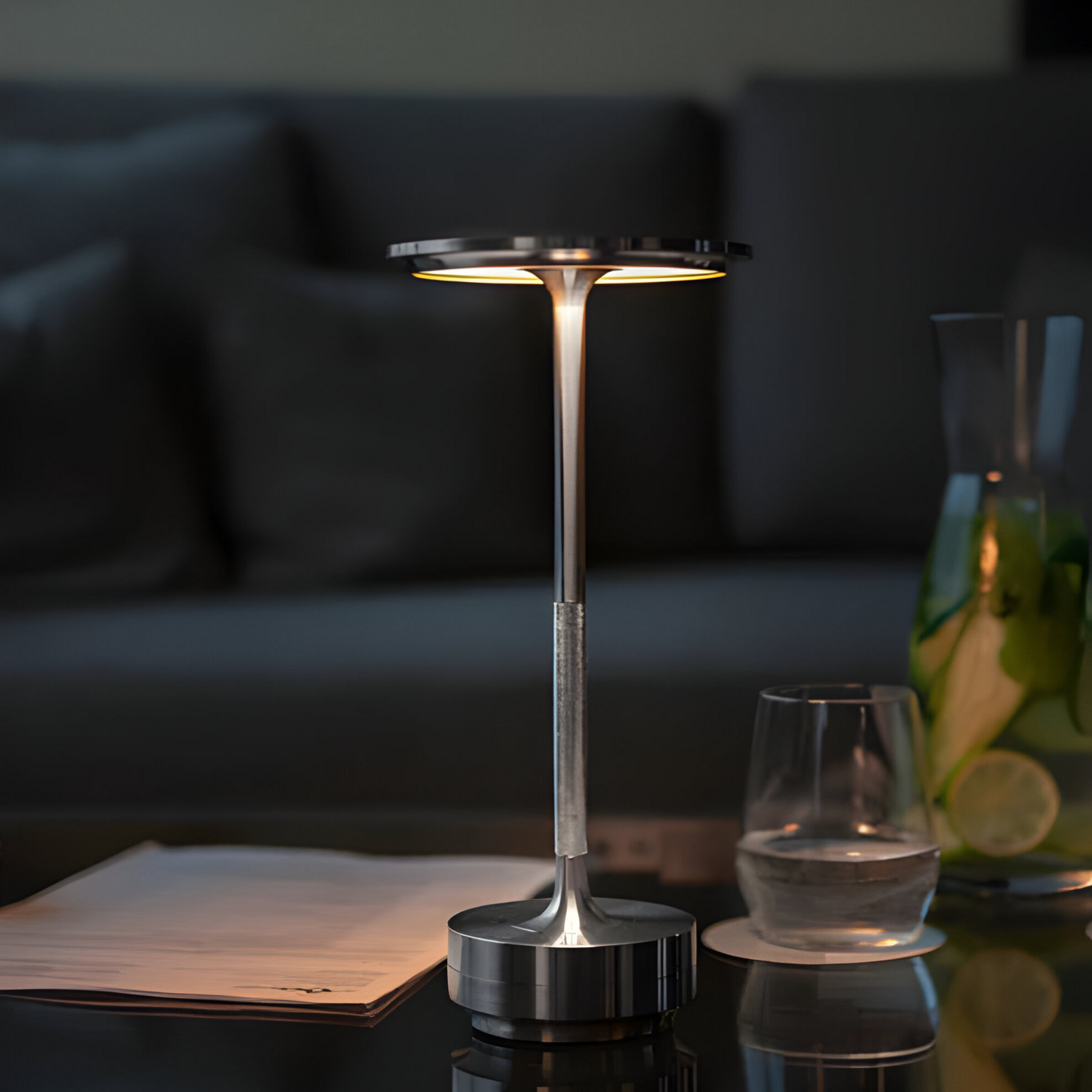 Rechargeable LED Table Lamp with Disc Light Head and Metal Base