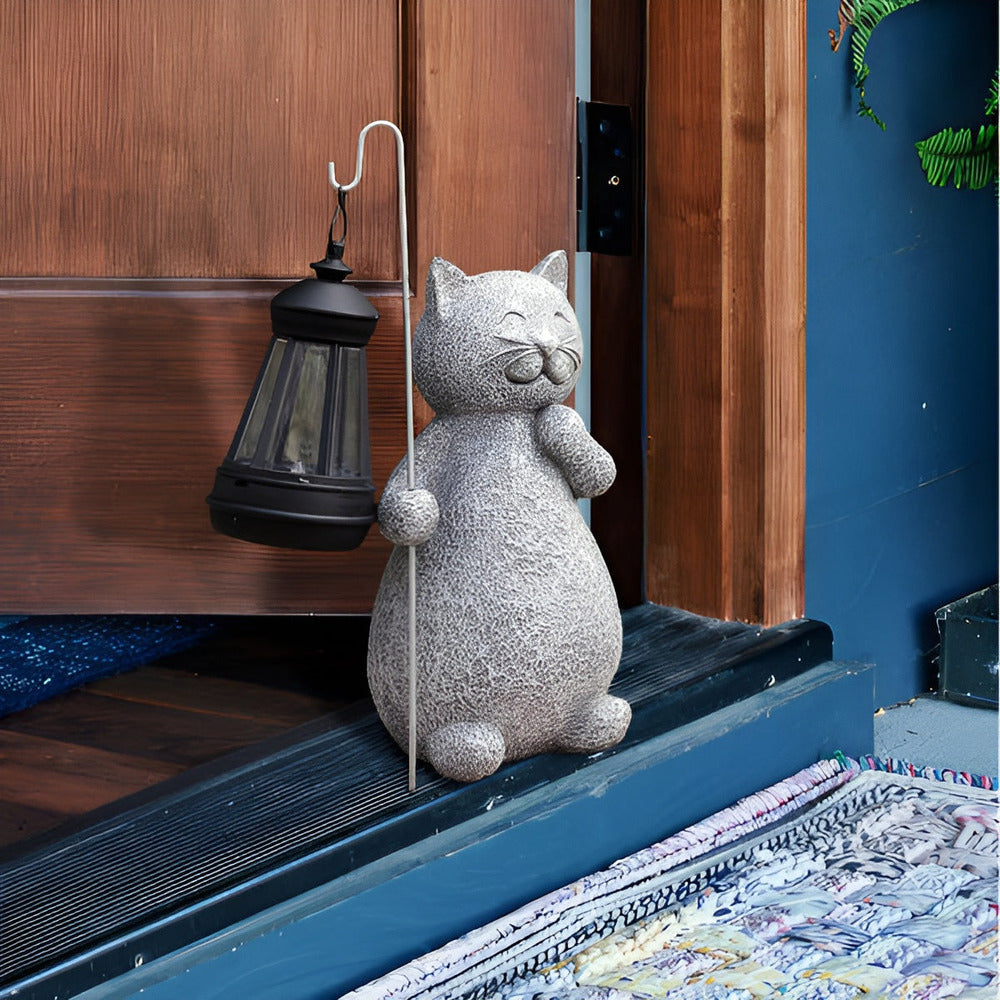 Cat Garden Statue with Solar Lantern Outdoor Decorative Light