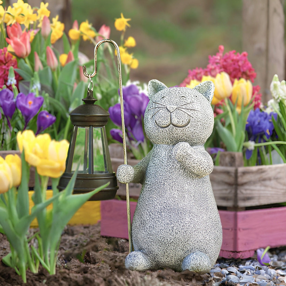 Cat Garden Statue with Solar Lantern Outdoor Decorative Light