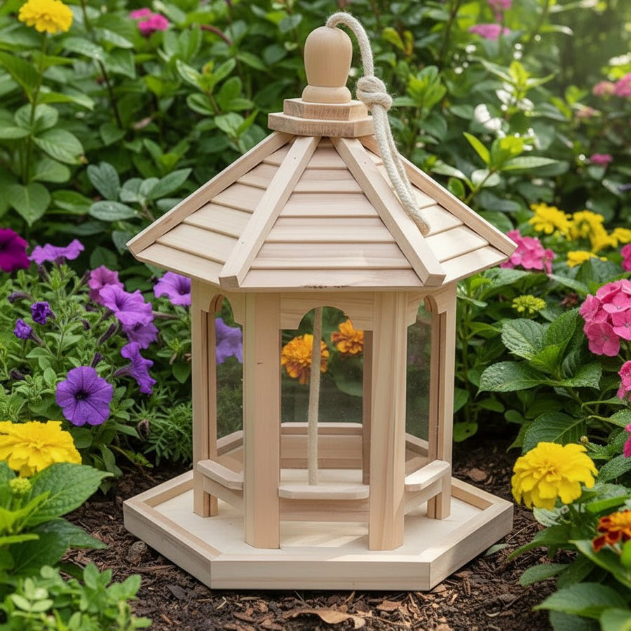 Wooden Bird Feeder Hanging Seed House Outdoor Garden