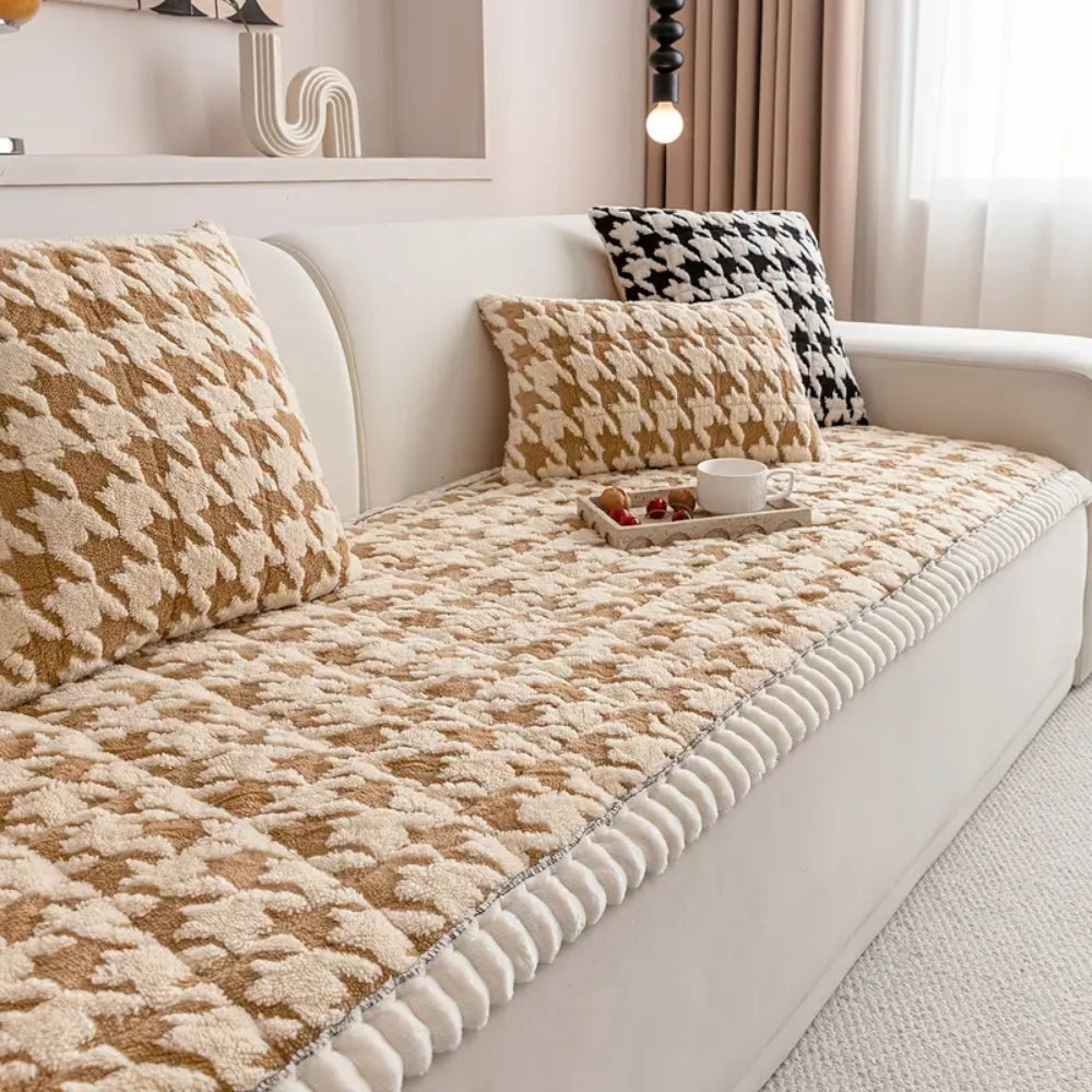 Colourful Plush Houndstooth Couch Cover and Cushion Cover