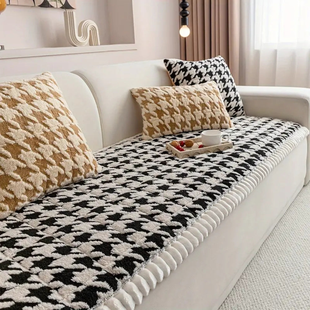 Colourful Plush Houndstooth Couch Cover and Cushion Cover