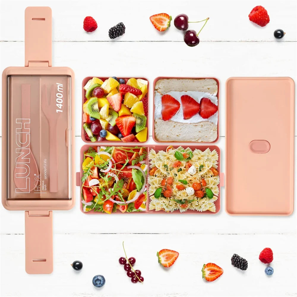 1400ml Double Layer Bento Box | Portable Lunch Box with Fork & Spoon – Microwave Safe Food Storage for Kids & Adults