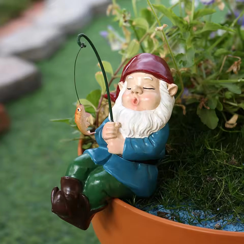 Resin Garden Gnome Figure Sitting with Fishing Rod