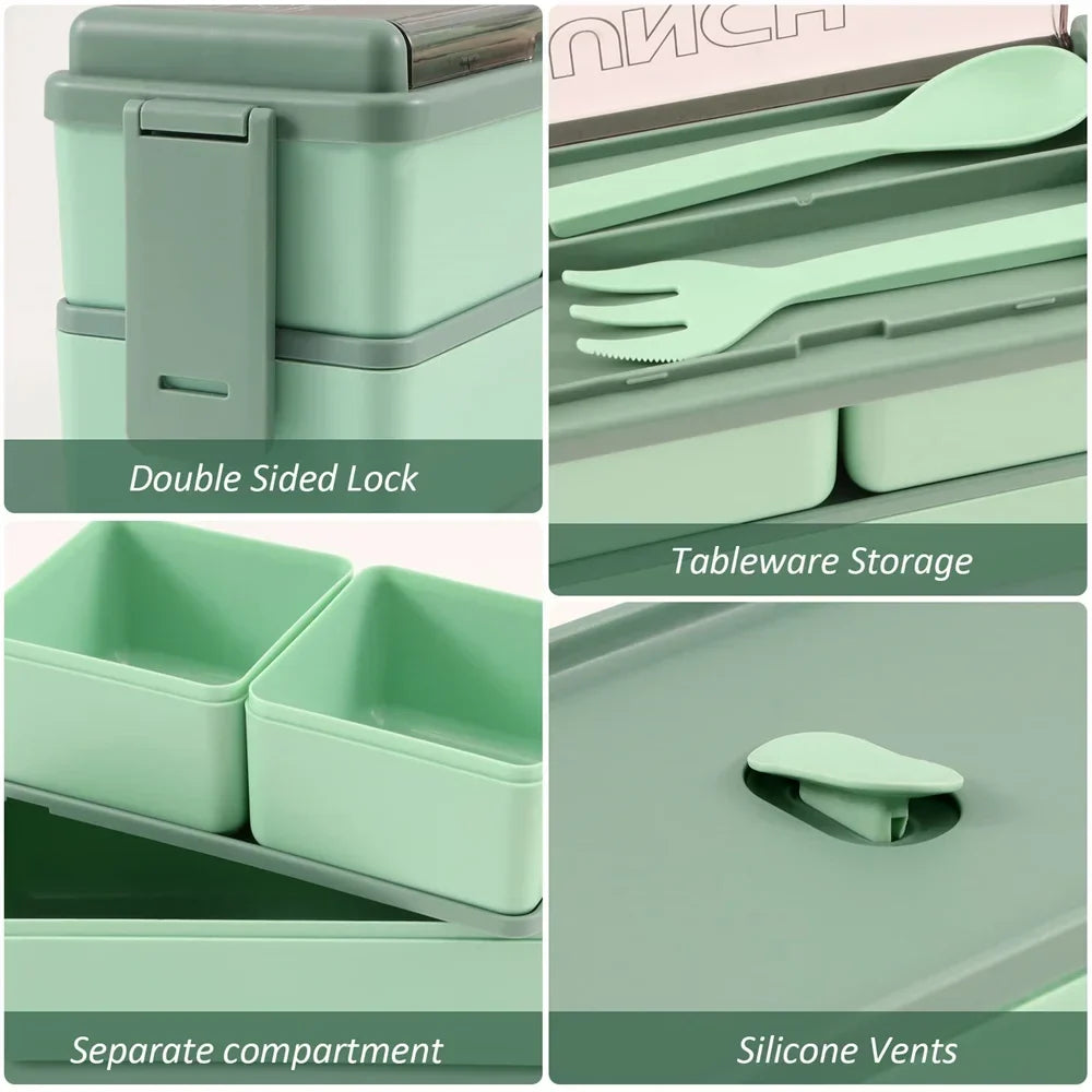 1400ml Double Layer Bento Box | Portable Lunch Box with Fork & Spoon – Microwave Safe Food Storage for Kids & Adults
